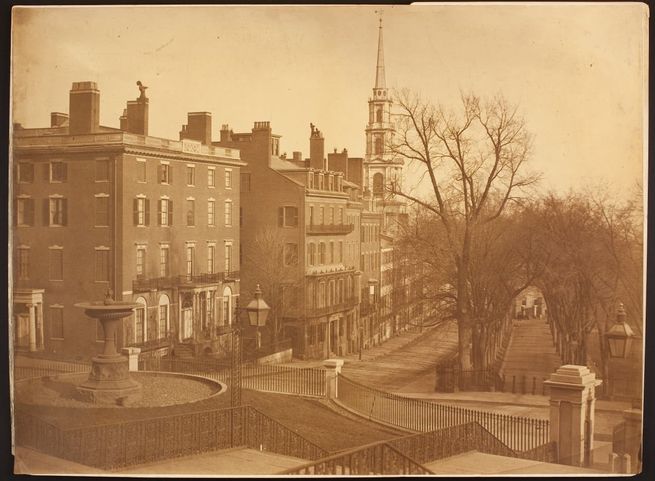 View of Park Street and Boston Common from the steps of the Massachusetts State House, including "Bulfinch Row" | Historic New England View of Park Street and Boston Common from the steps of the Massachusetts State House, including "Bulfinch Row" | Historic New England