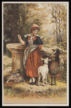 Trade card, female goatherd with three goats, location unknown
