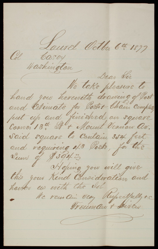 Treuman & Diven to Thomas Lincoln Casey, October 6, 1877